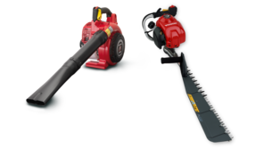 Two handheld products, one leafblower and one hedgetrimmer, side by side.