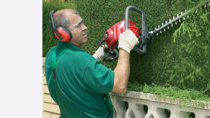 Honda Hedgetrimmers, being used by model, garden location.