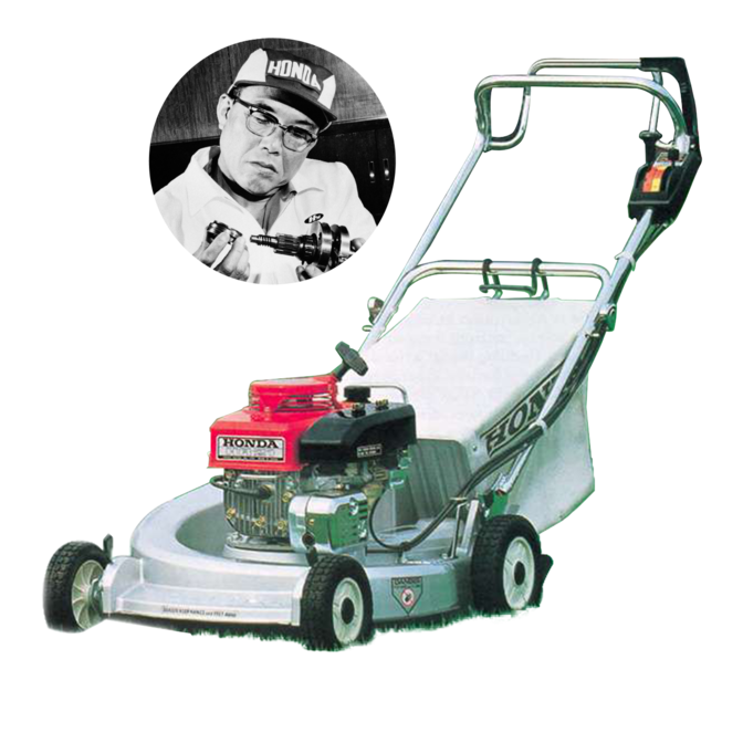 Front three-quarter facing Honda lawnmower with Soichiro Honda.