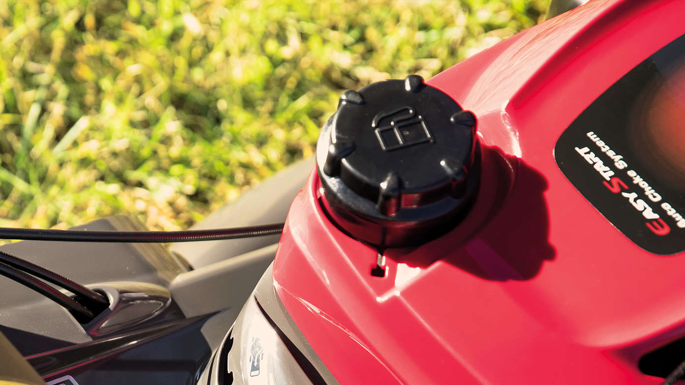close up of honda hrx lawnmower petrol tank filler cap
