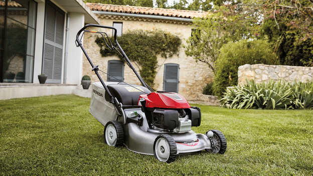 Honda IZY lawnmower side view in garden location