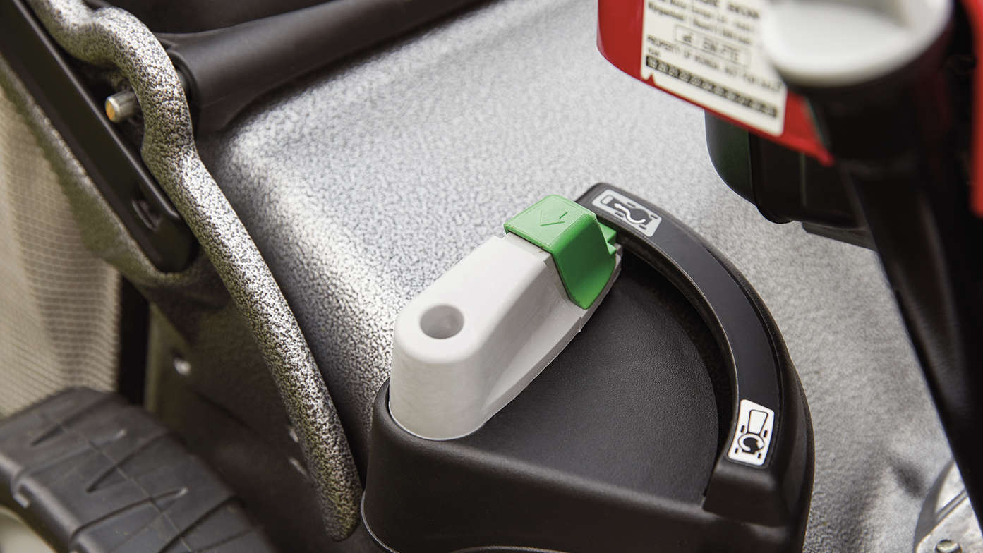 close up of honda izy petrol lawnmower versamov selective mulching controls
