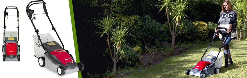 Left: 2x Honda lawnmowers Right: lawnmower front-threequarter, left facing, being used by model, garden location.