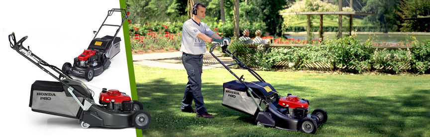 Left: 2x Honda lawnmowers Right: side view, right facing, being used by model, garden location.