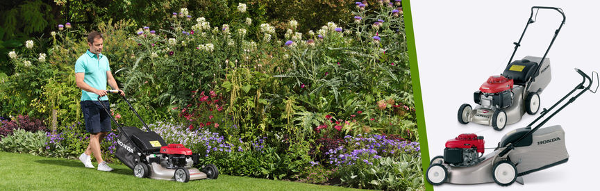 Left: Honda lawnmowers, front-threequarter, right facing, being used by model, garden location. Right: 2x Honda lawnmowers.
