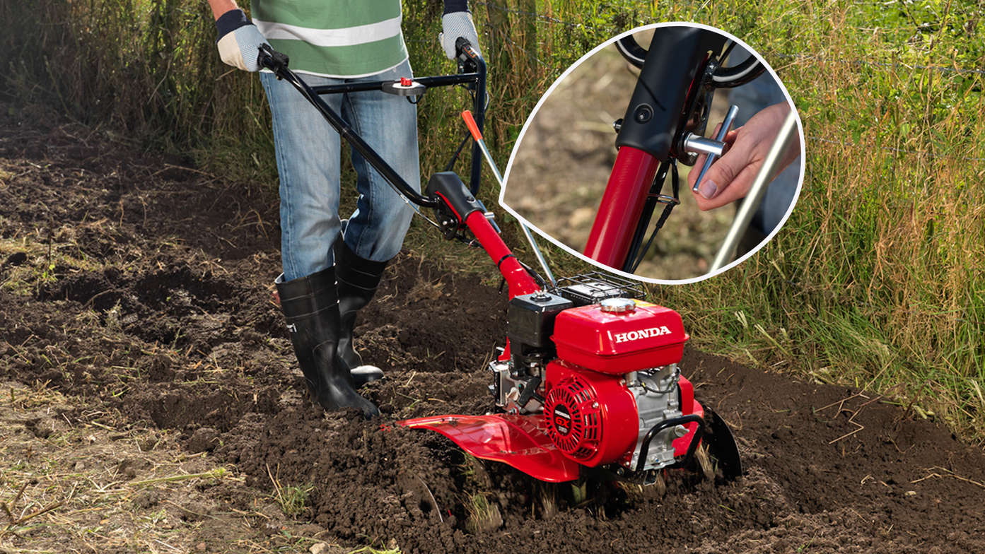 Compact tiller, focusing on adjustable handle, garden location.