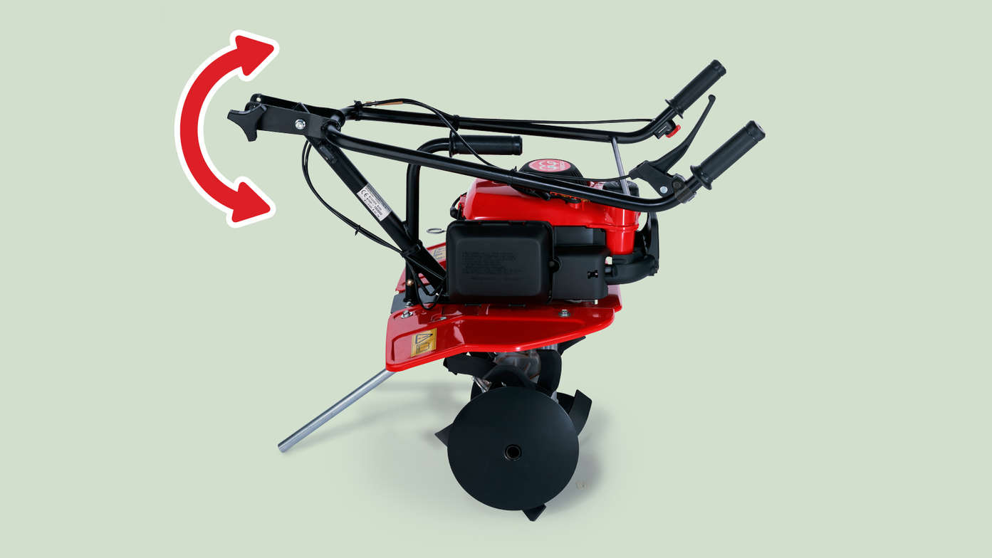Mini tiller, focusing on foldable handle.