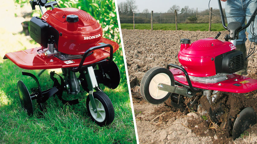 Left: Mini tiller, garden location. Right: Mini tiller, in use, garden location.