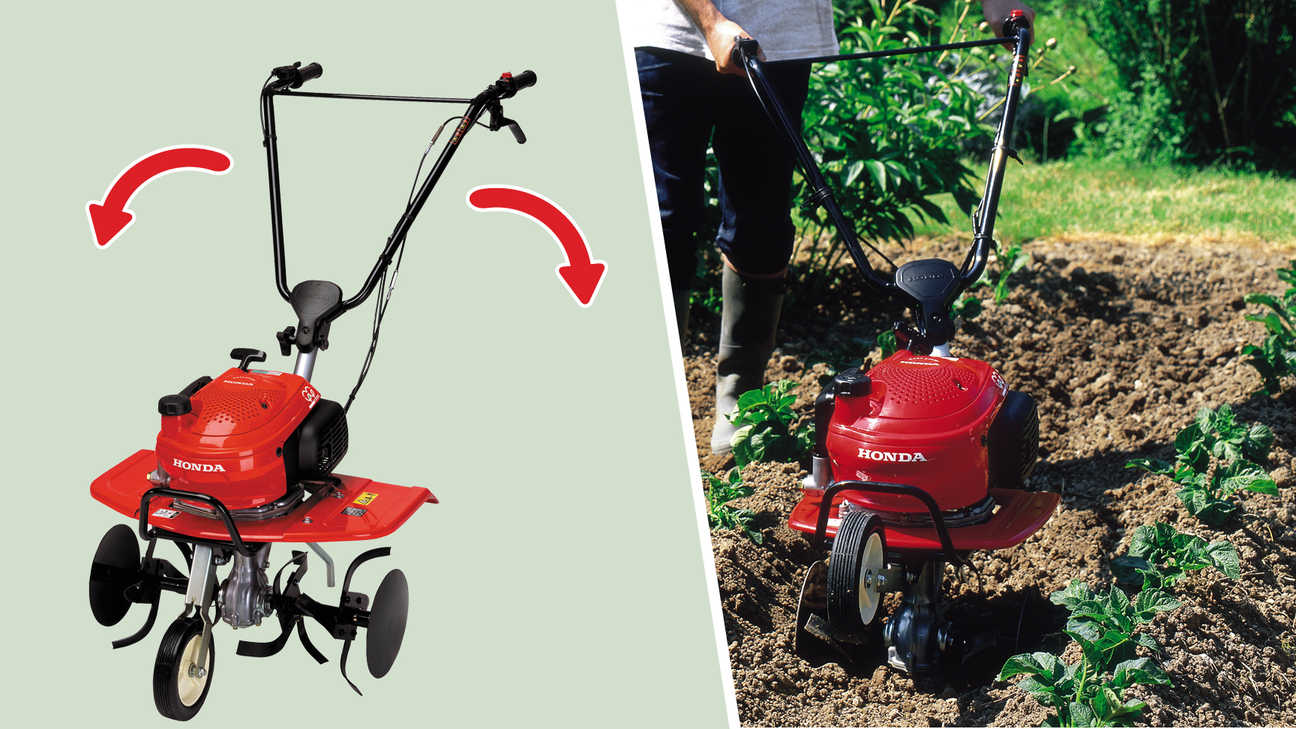 Left: Mini tillers focusing on swing handle. Right: Mini tiller garden location.