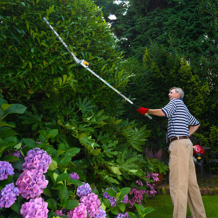 Honda Versatool with hedgetrimmers attachment, being used by model, garden location.