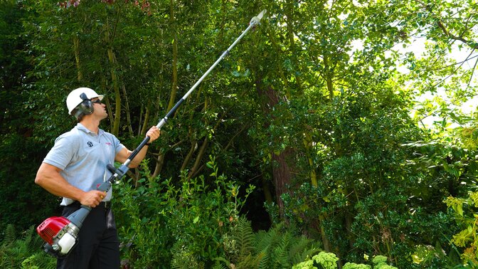 Honda Versatool with pruner attachment, being used by model, garden location.