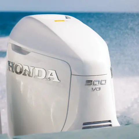 Close.up of BF350 engines on the back of the boat in a sea location.