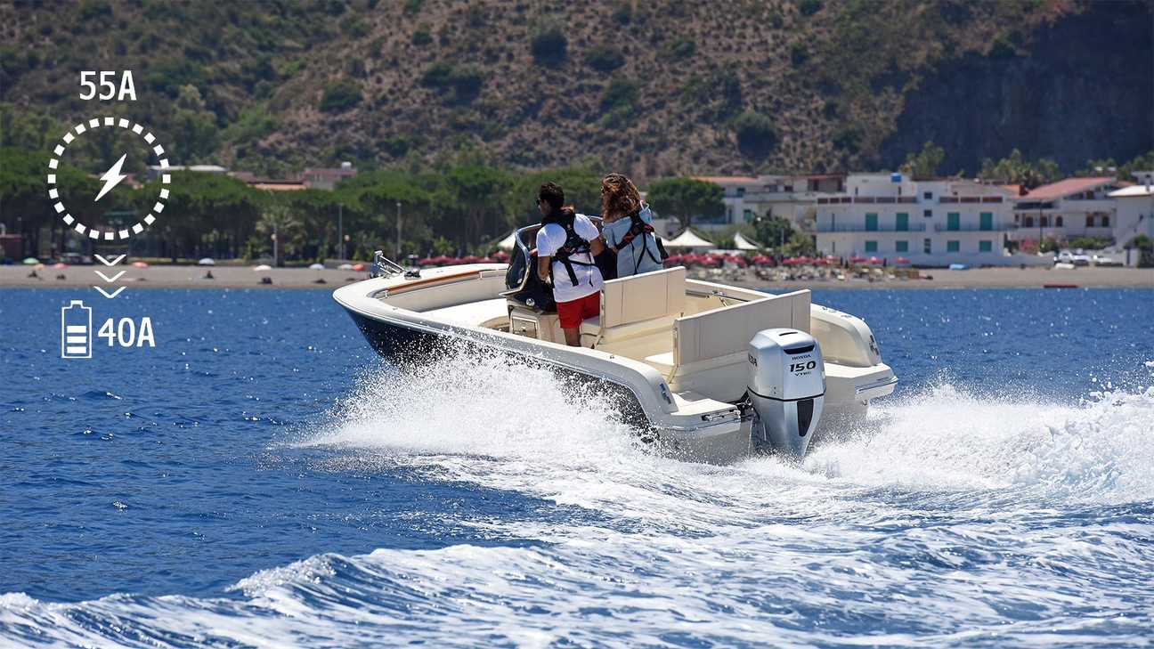 rear angled view of people steering a boat powered by a honda marine engine
