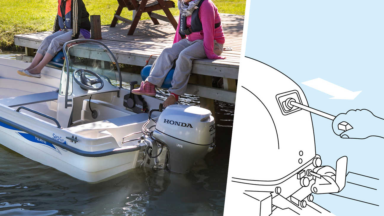 illustration of easy starting system and photo of people sat on dock with boat fitted with 20 horsepower honda marine engine