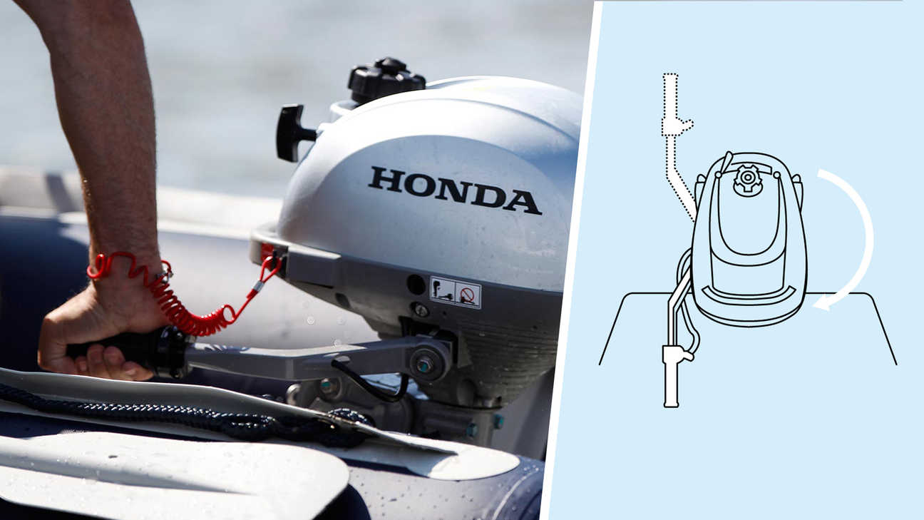 close up of man using honda bf 2.3 outboard engine tiller handle