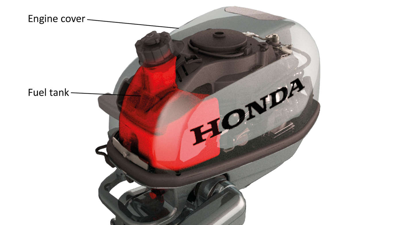 close up of honda bf5 engine cover and fuel tank