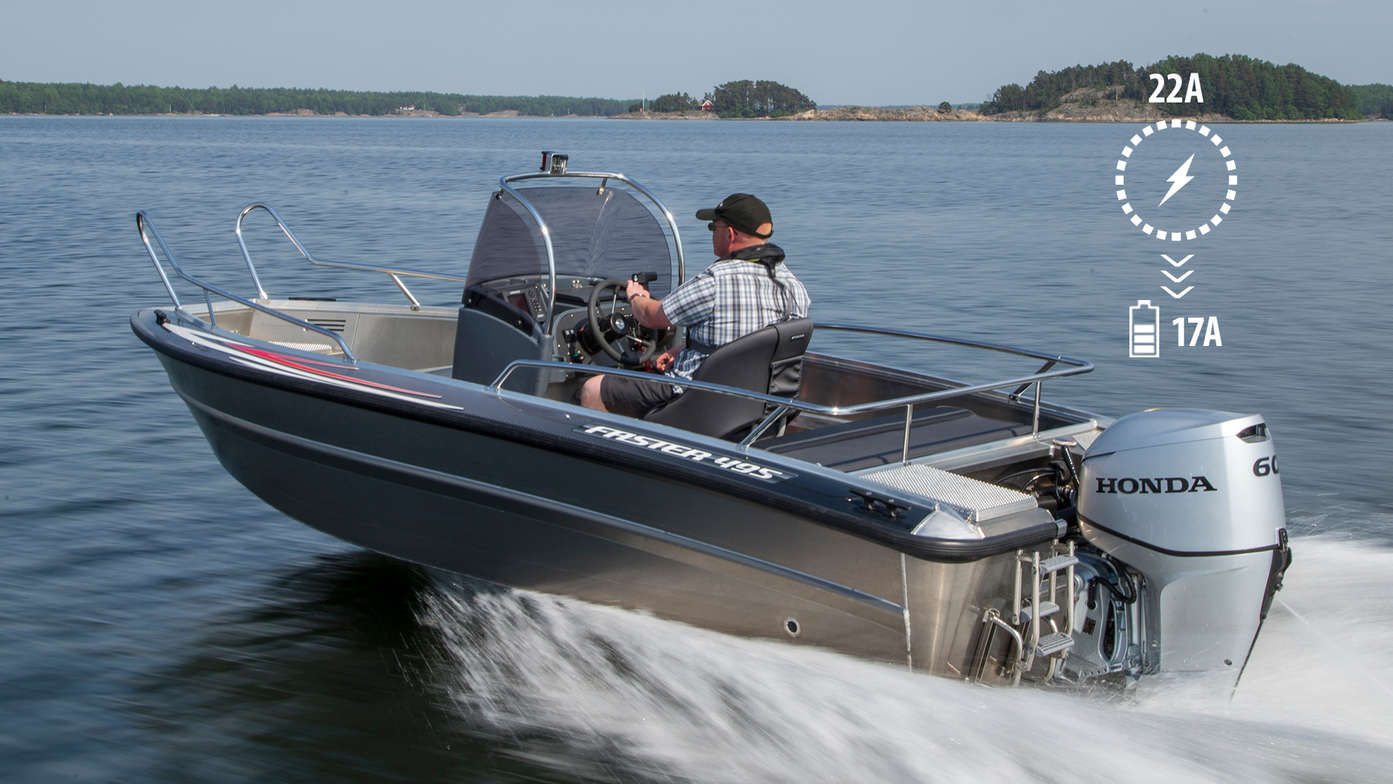 side angled view of man steering a boat powered by a 60 horsepower honda outboard engine