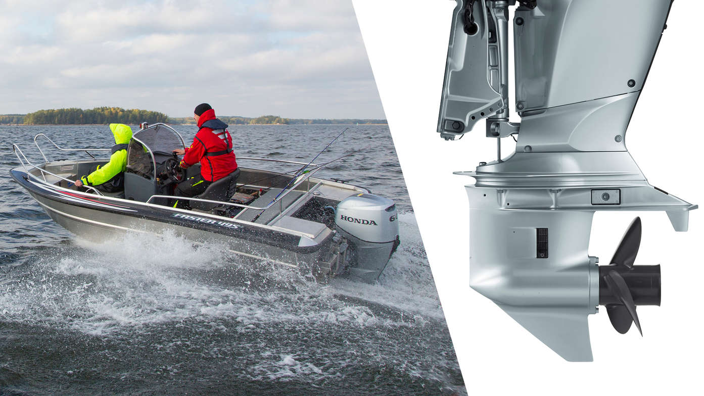 side angled two people steering a boat powered by a 60 horsepower honda outboard engine with a close up of its propeller system