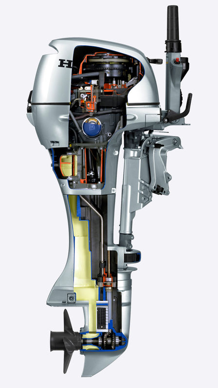 side view of of inner workings of honda outboard motor