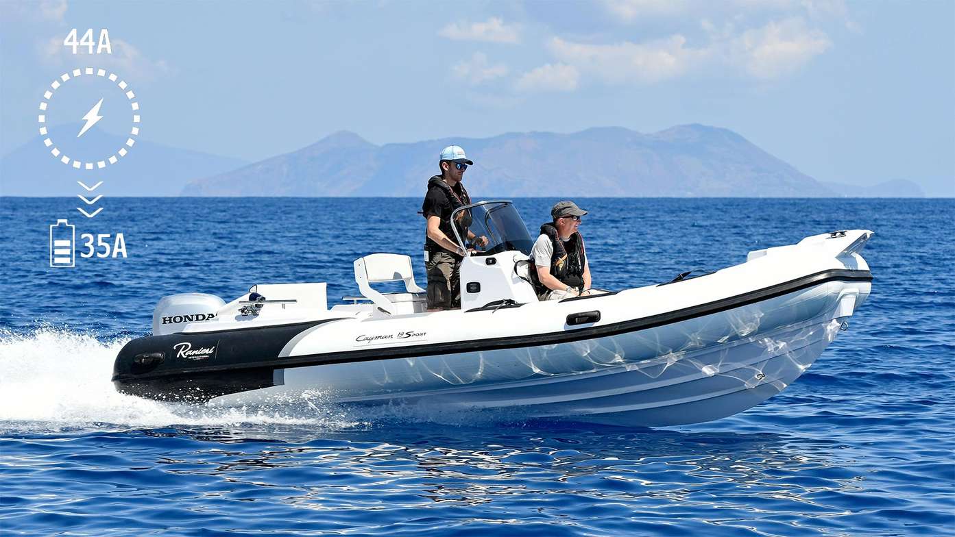 side angled view of two men steering a ranieri sports boat powered by a honda outboard engine
