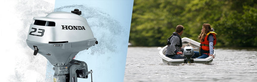 Left: 2x Honda Marine engines. Right: Boat with Honda engine, being used by models, lake location.