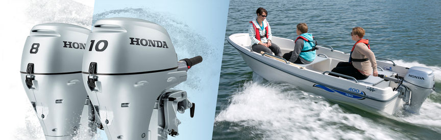 Left: 2x Honda Marine engines. Right: Boat with Honda engine, being used by model, coastal location.