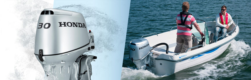 Left: Honda Marine engine. Right: Boat with Honda engine, being used by model, coastal location.