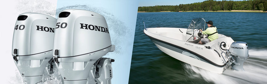 Left: 2x Honda Marine engines. Right: Boat with Honda engine, being used by models, lake location.