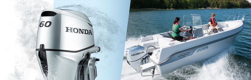 Left: Honda Marine engine. Right: Boat with Honda engine, being used by model, coastal location.