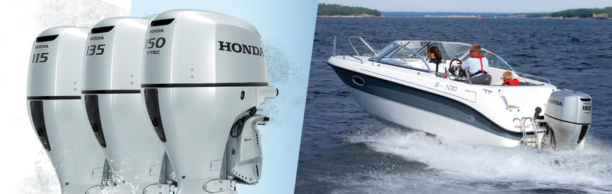 Left: 3x Honda Marine engines. Right: Boat with Honda engine, being used by models, coastal location.