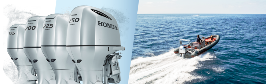 Left: 3x Honda Marine engines. Right: Boat with Honda engine, being used by models, coastal location.