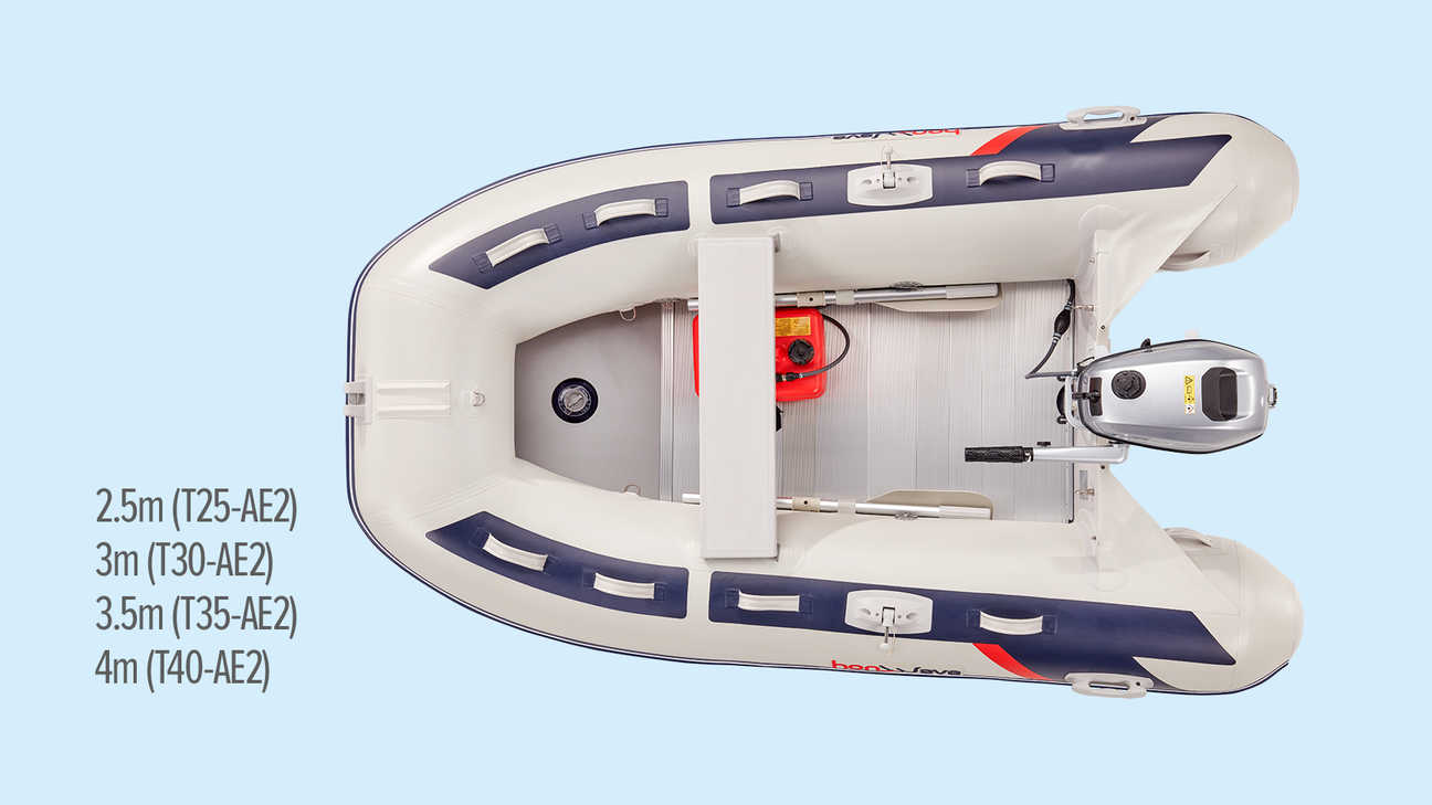 aerial view of honwave portable inflatable boat with size measurements