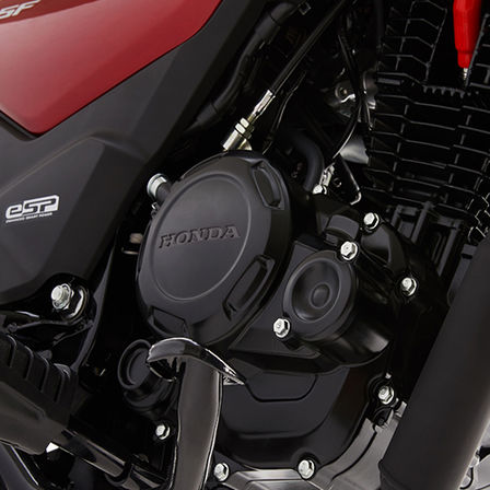 Honda CB125F red, studio shot, focus on engine