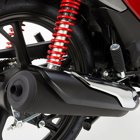 Honda CB125F red, studio shot, focus on exhaust pipe