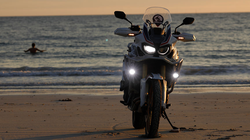 Honda Africa Twin being ridden through Nordkapp.