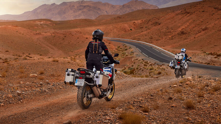 Front facing 3/4 Honda CRF1100 Africa Twin Adventure Sports in mountinous location.