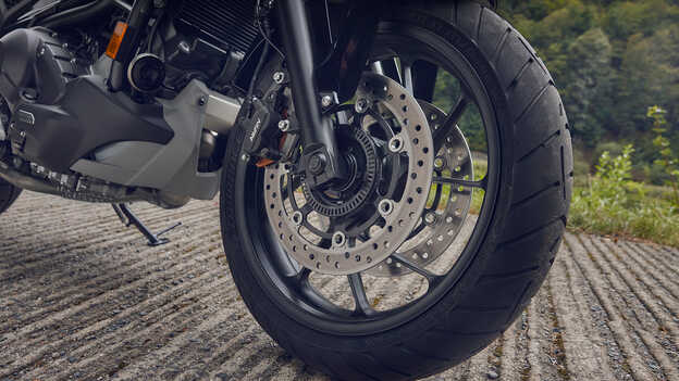 Close up shot of New Dual Front Disc Brakes and Wheels.