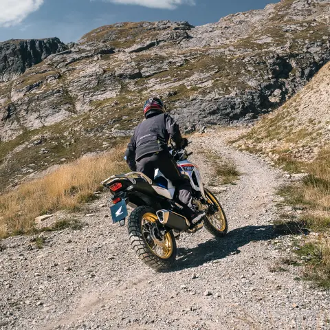 Rear XL750 transalp in mountain location.