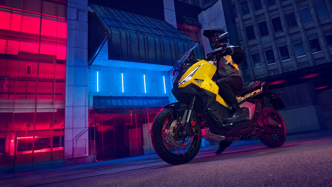 X-ADV Special Edition static front three quarter shot with rider