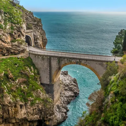 The arched bridge at Fiordo di Furore on the Amalfi coast, Italy on a sunny day