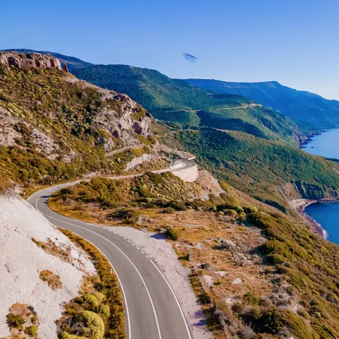 Panoramic road from Alghero to Bosa in north Sardinia, ideal for moto travel vacation