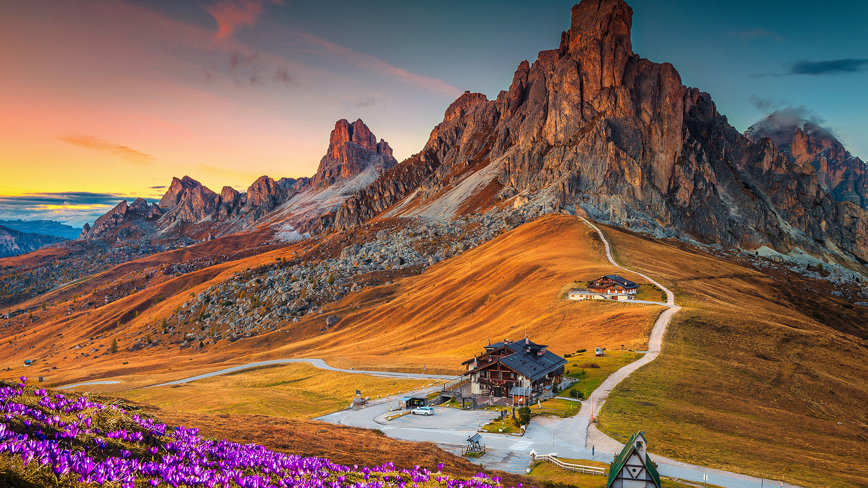 Wonderful alpine scenery with spring crocus flowers on the hill and spectacular mountains at sunset, Giau pass, Dolomites, Italy, Europe