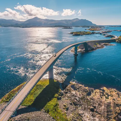 Aerial drone shot of the amazing and world famous Atlantic Road in Norway.