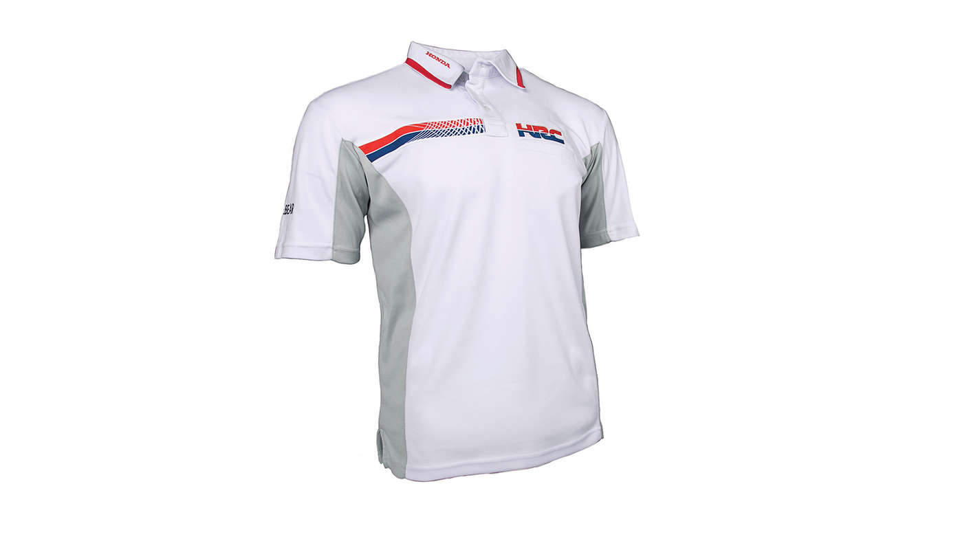 White HRC racing polo displaying Honda Racing Corporation logo.