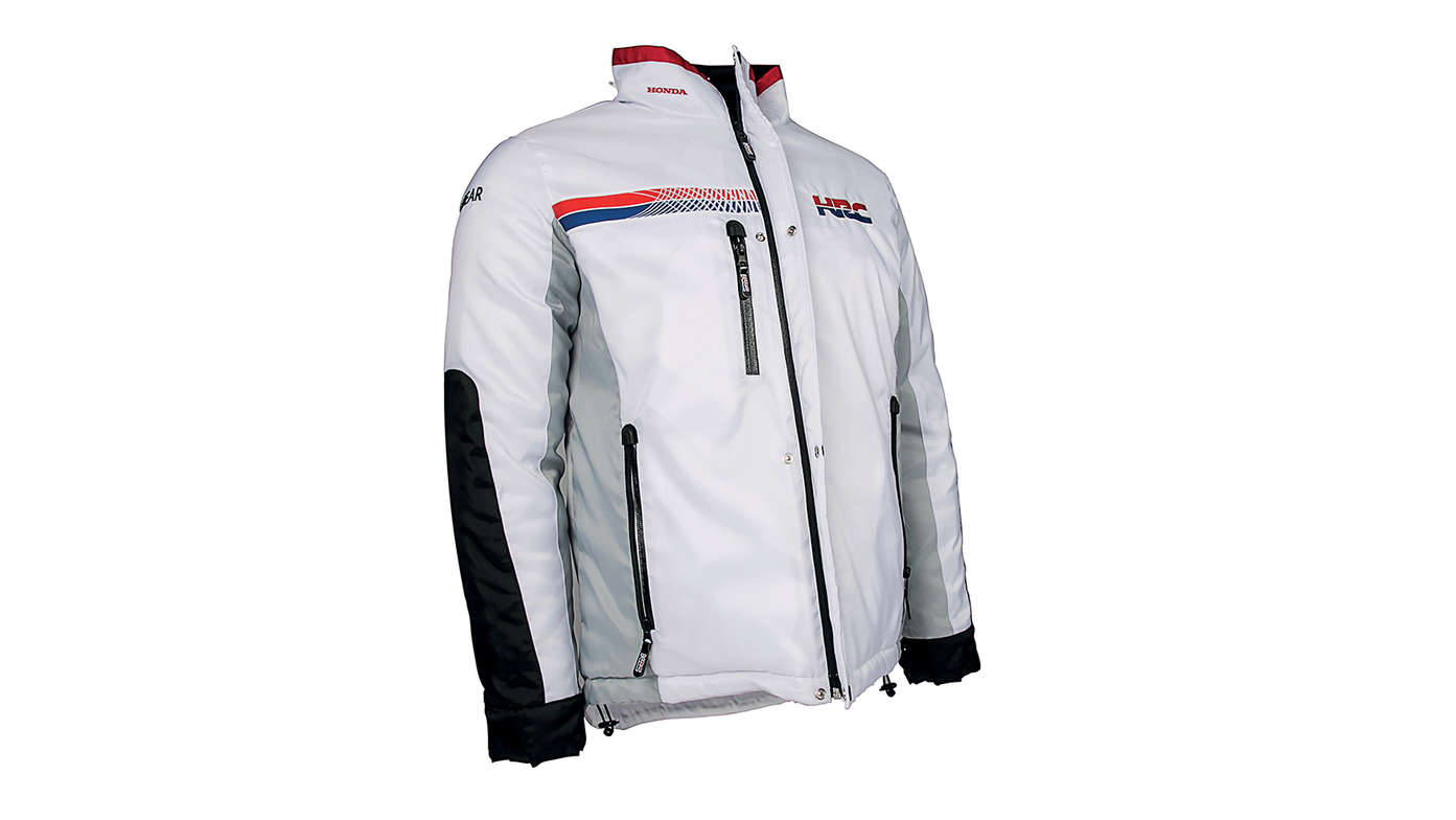 White Honda Winter jacket with HRC team colours and logo.
