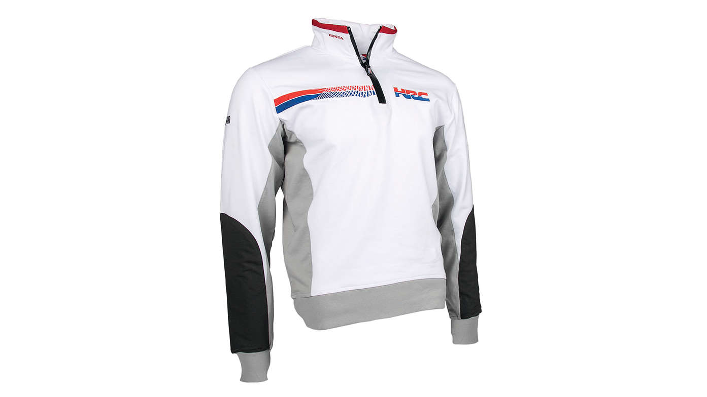 White Honda HRC hoodie sweatshirt team colours with Honda Racing Corporation.