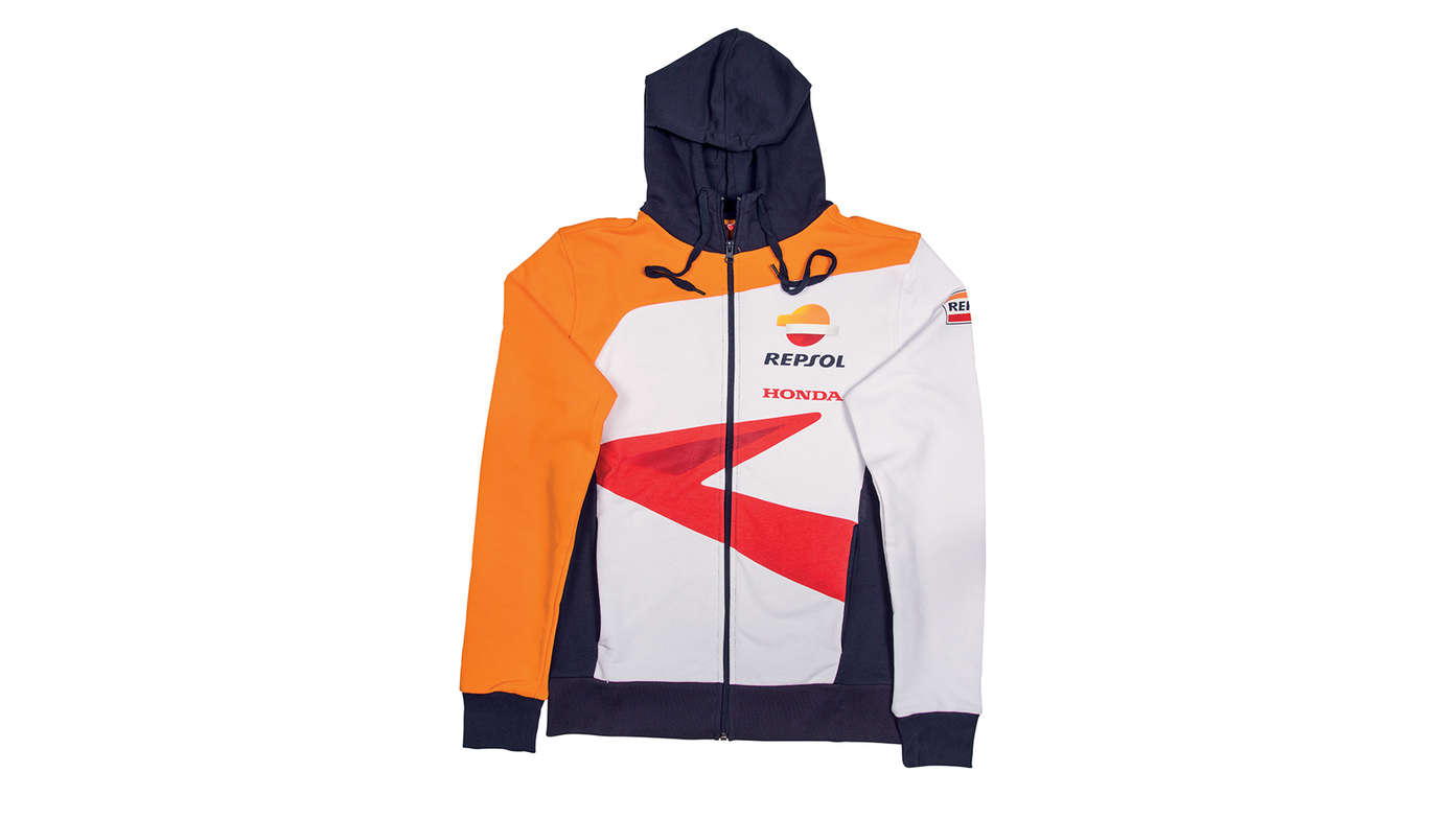 Honda hoodie with MotoGP team colours and Repsol logo.
