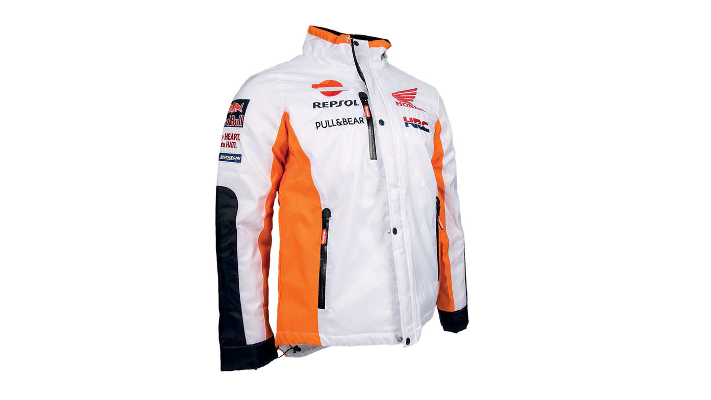 White Honda Winter jacket with MotoGP team colours and Repsol logo.