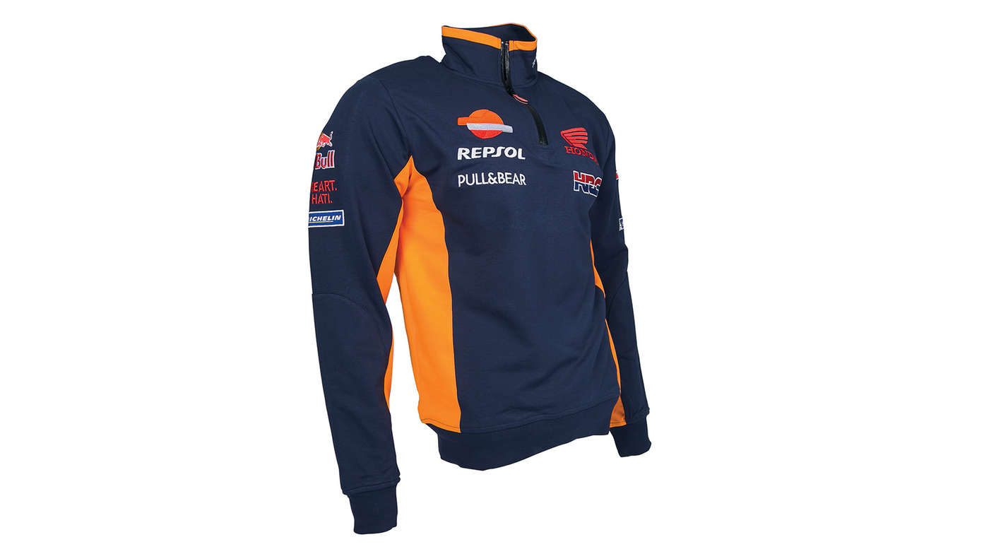 Blue Honda sweatshirt with MotoGP team colours and Repsol logo.