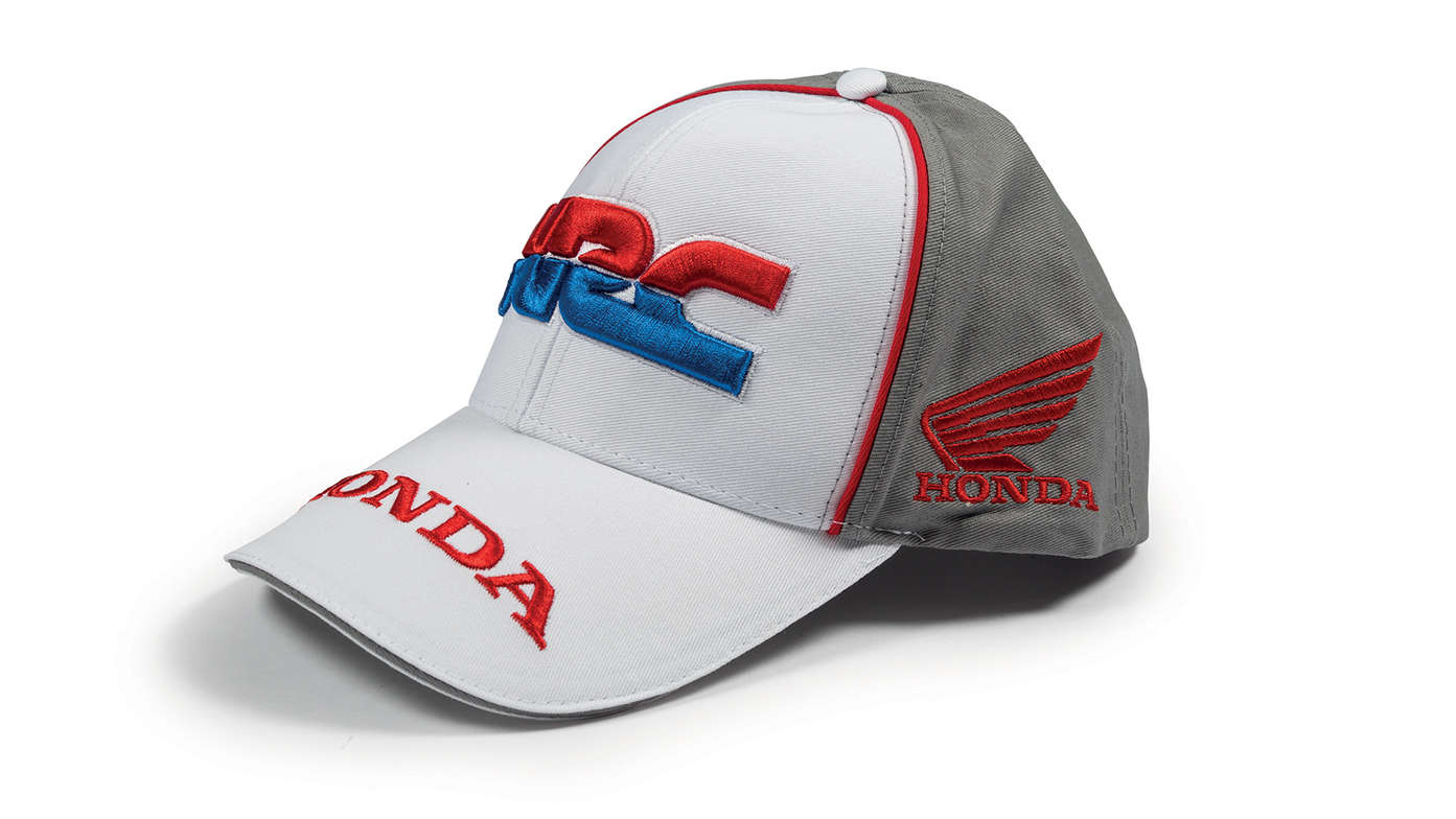 Baseball cap with Honda HRC team coloursand Honda Racing Corporation logo.